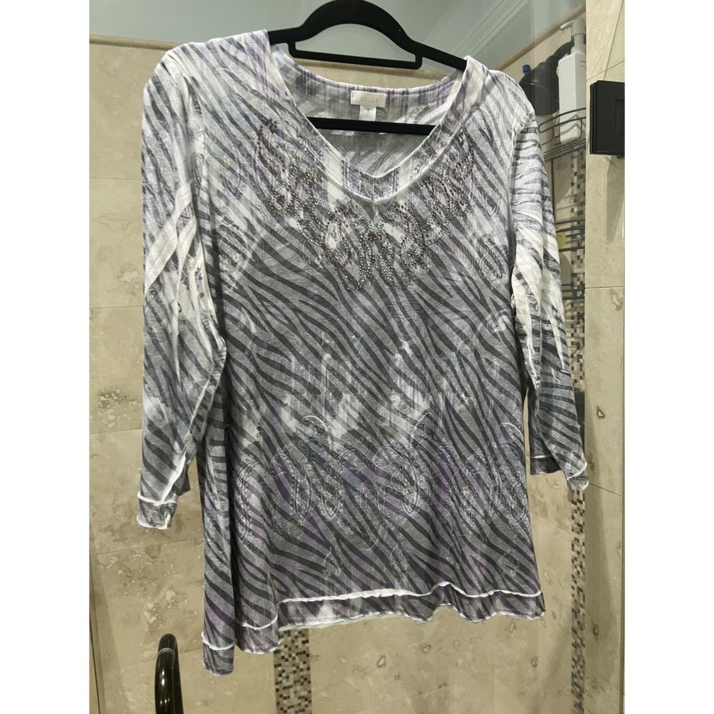 Chico's Semi Sheer Top Tunic XL 3 Gray White Purple Abstract Crystal